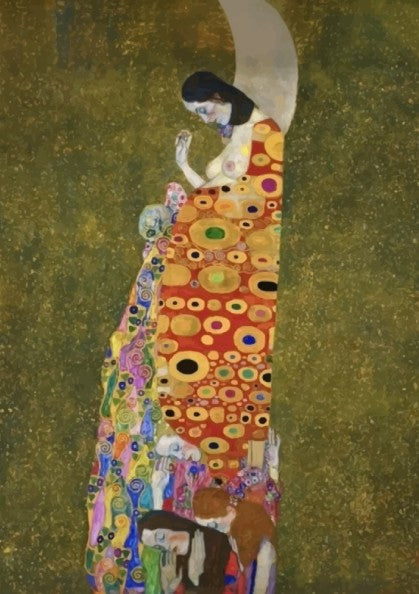 Gustav Klimt's Hope II poster featuring a pregnant woman in a patterned robe against a crescent moon and