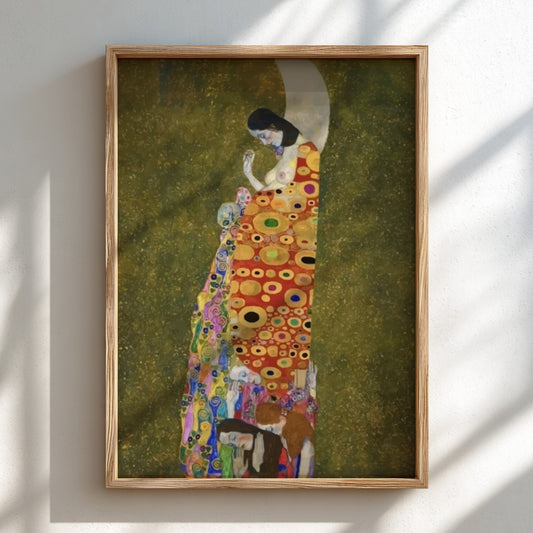 Gustav Klimt's Hope II poster featuring a pregnant woman in a patterned robe against a crescent moon and