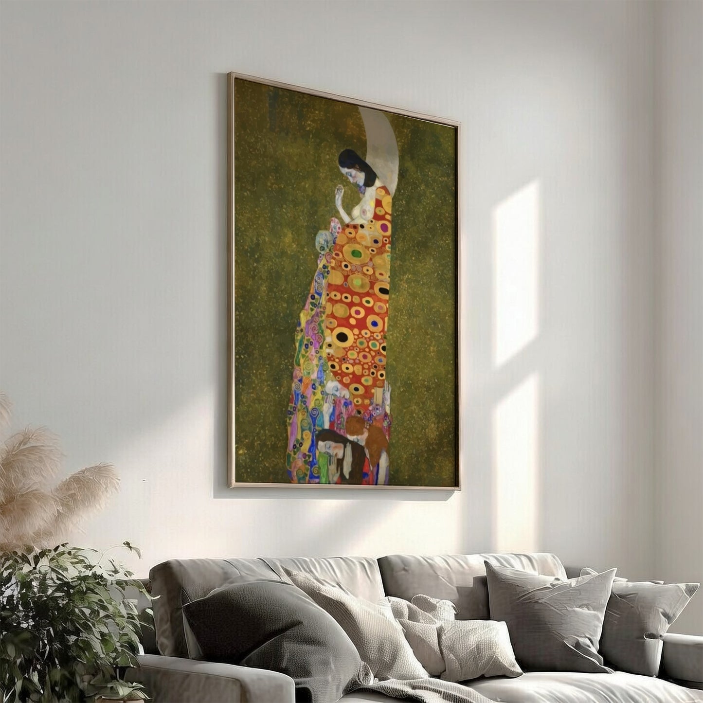 Gustav Klimt's Hope II poster featuring a pregnant woman in a patterned robe against a crescent moon and