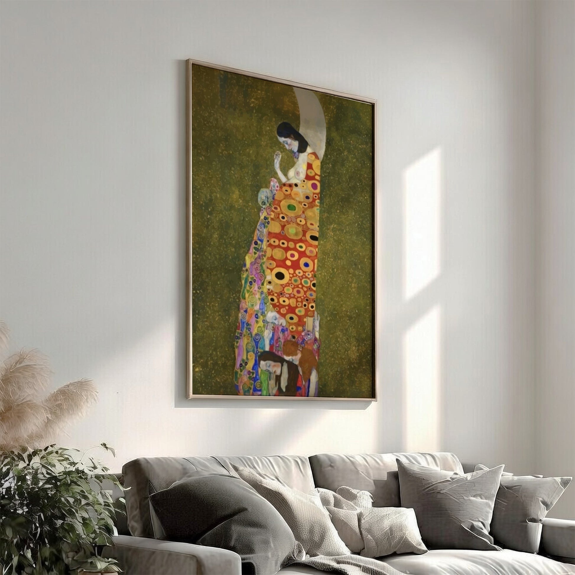 Gustav Klimt's Hope II poster featuring a pregnant woman in a patterned robe against a crescent moon and