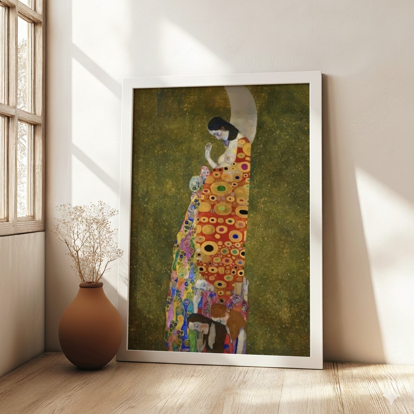 Gustav Klimt's Hope II poster featuring a pregnant woman in a patterned robe against a crescent moon and