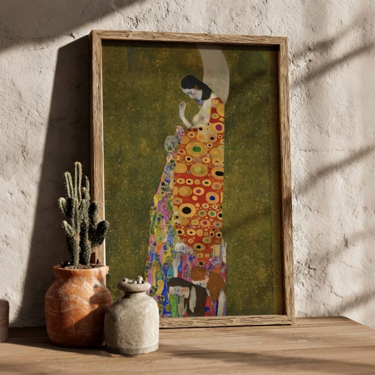 Gustav Klimt's Hope II poster featuring a pregnant woman in a patterned robe against a crescent moon and