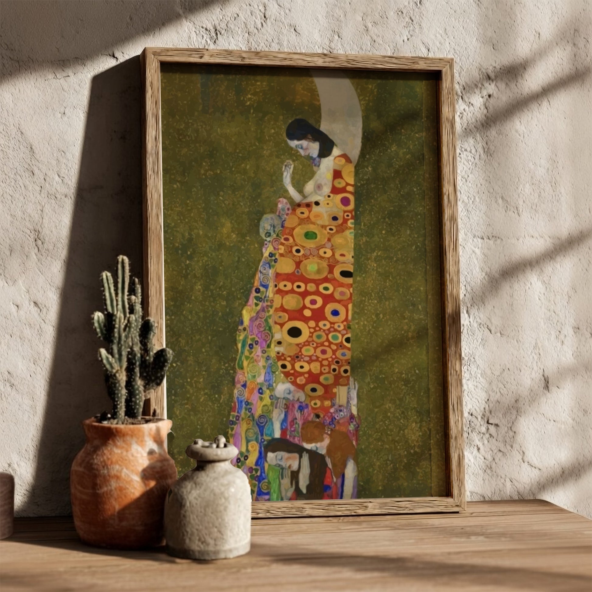 Gustav Klimt's Hope II poster featuring a pregnant woman in a patterned robe against a crescent moon and