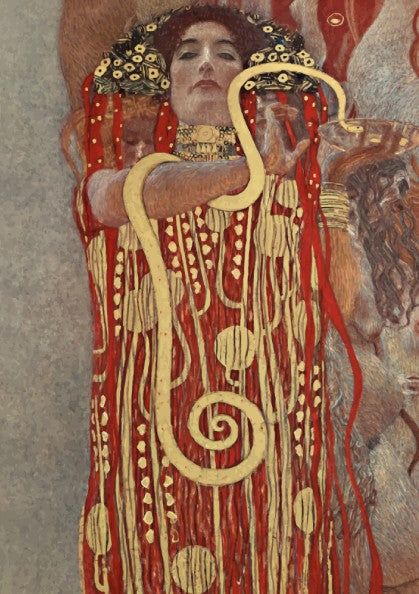 Gustav Klimt's Hygieia poster featuring a woman in a decorative red and gold robe with a snake, Art Nouveau