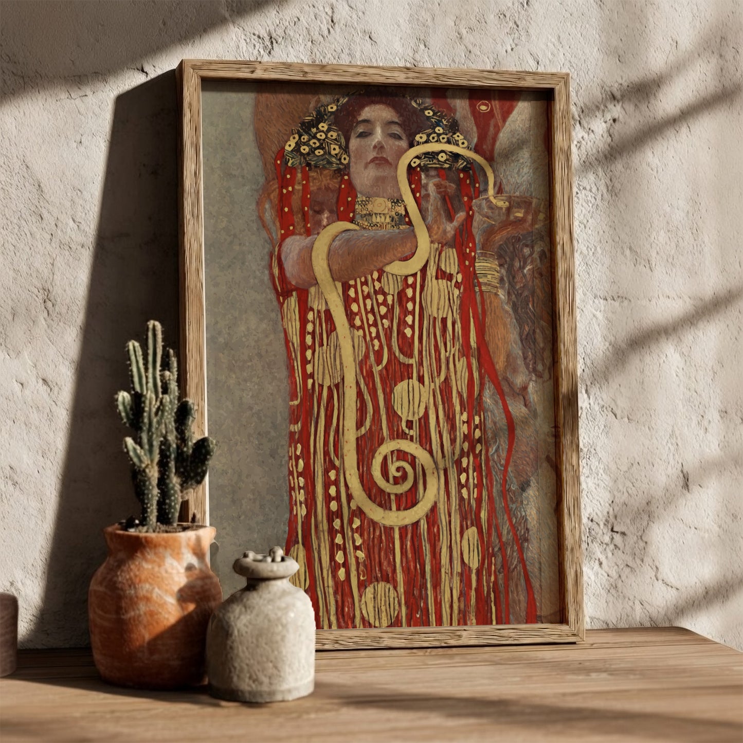 Gustav Klimt's Hygieia poster featuring a woman in a decorative red and gold robe with a snake, Art Nouveau