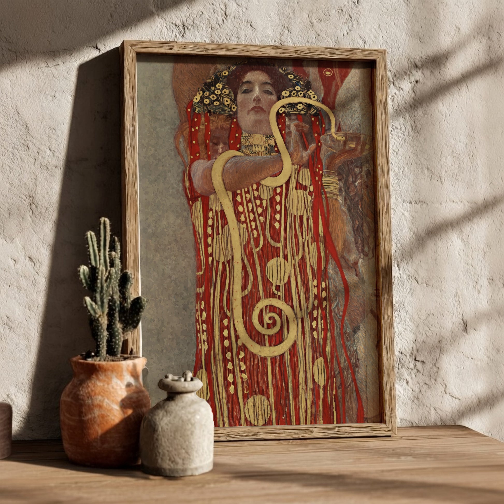 Gustav Klimt's Hygieia poster featuring a woman in a decorative red and gold robe with a snake, Art Nouveau