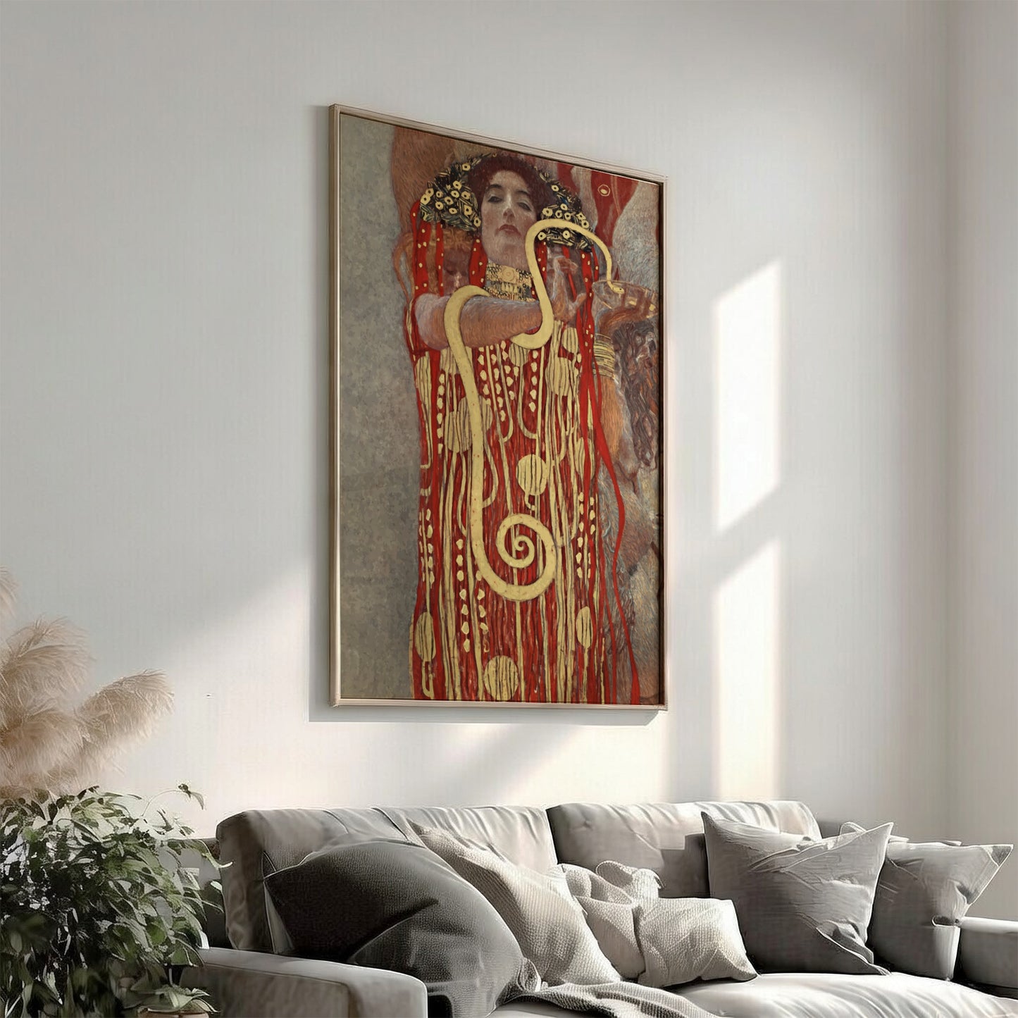 Gustav Klimt's Hygieia poster featuring a woman in a decorative red and gold robe with a snake, Art Nouveau