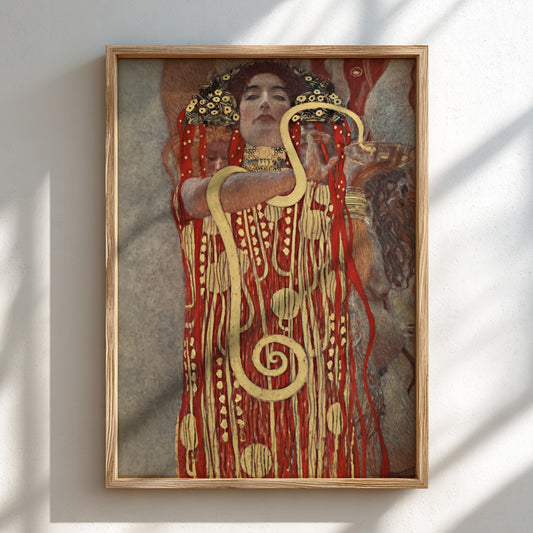 Gustav Klimt's Hygieia poster featuring a woman in a decorative red and gold robe with a snake, Art Nouveau