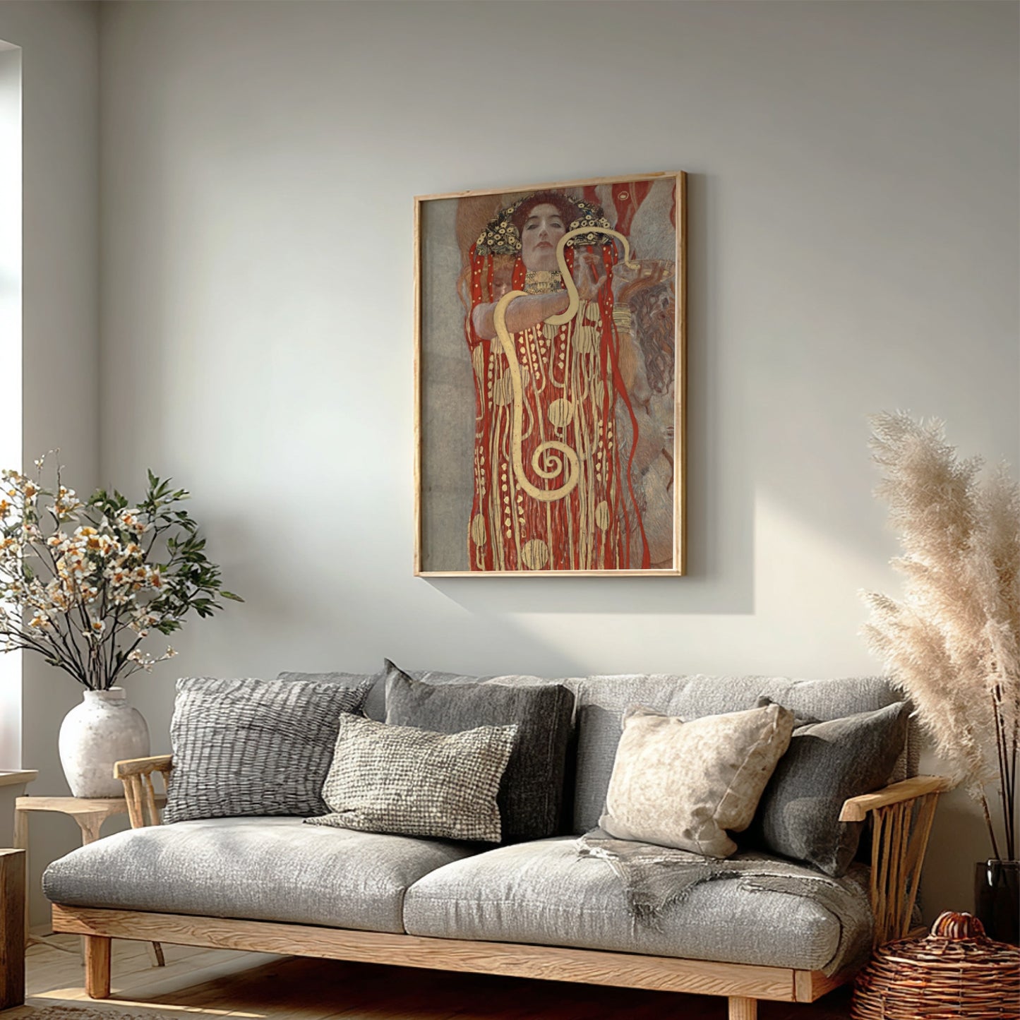 Gustav Klimt's Hygieia poster featuring a woman in a decorative red and gold robe with a snake, Art Nouveau