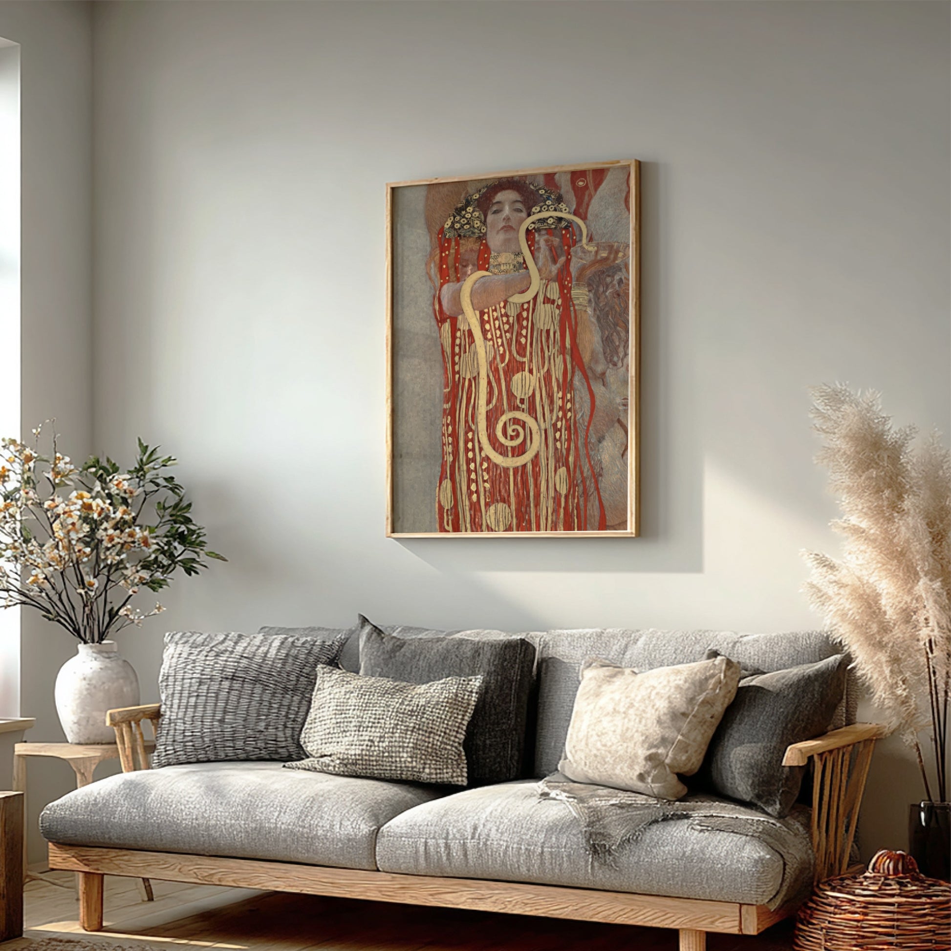Gustav Klimt's Hygieia poster featuring a woman in a decorative red and gold robe with a snake, Art Nouveau