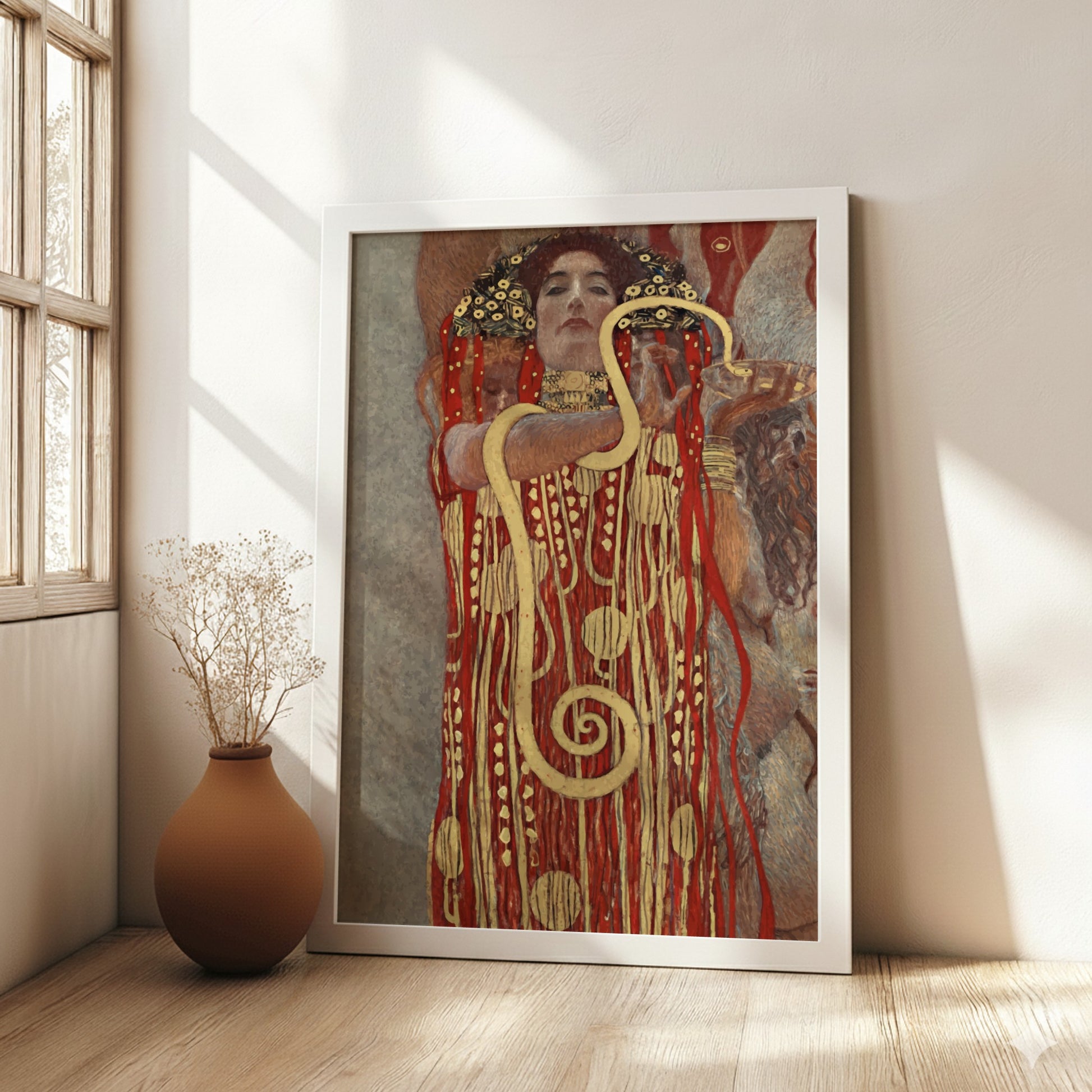 Gustav Klimt's Hygieia poster featuring a woman in a decorative red and gold robe with a snake, Art Nouveau