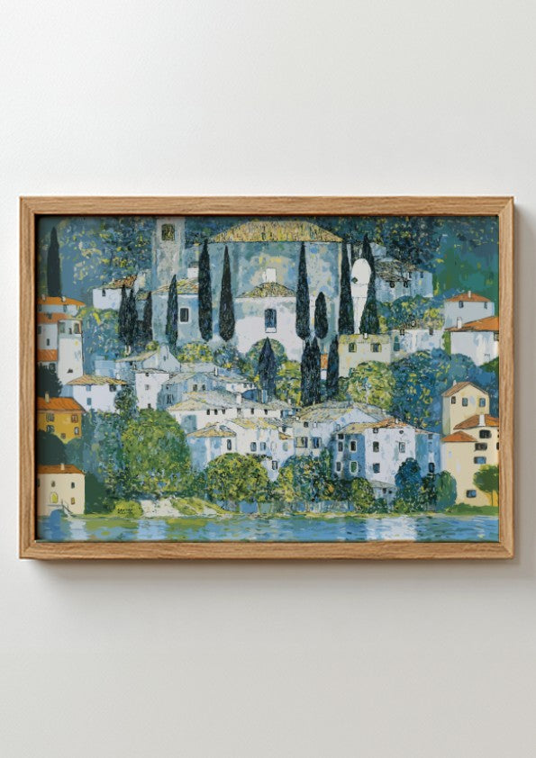Gustav Klimt's Kirche in Cassone poster featuring vibrant colors and serene landscape elements, ideal for