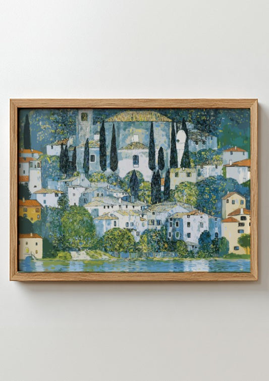 Gustav Klimt's Kirche in Cassone poster featuring vibrant colors and serene landscape elements, ideal for