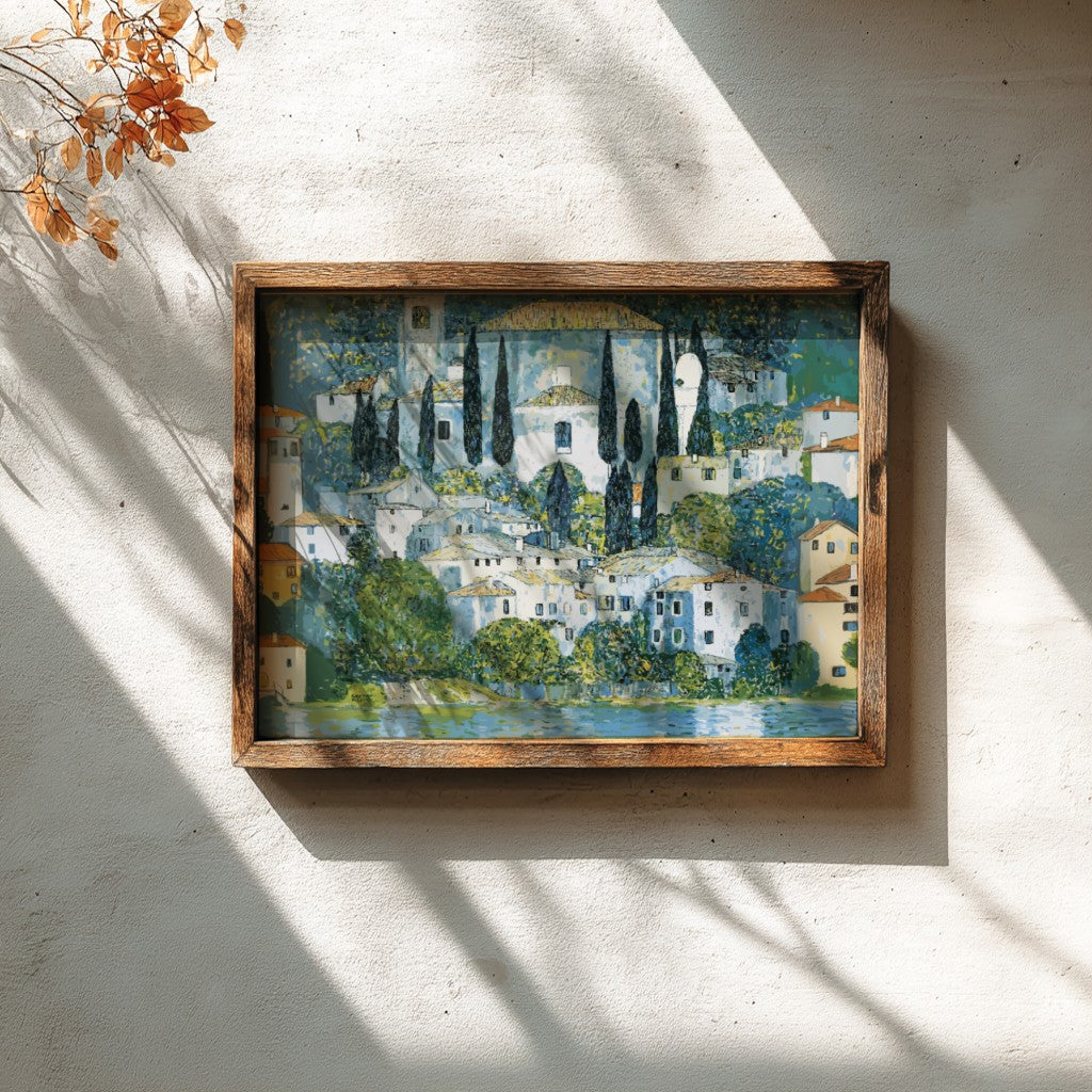 Gustav Klimt's Kirche in Cassone poster featuring vibrant colors and serene landscape elements, ideal for