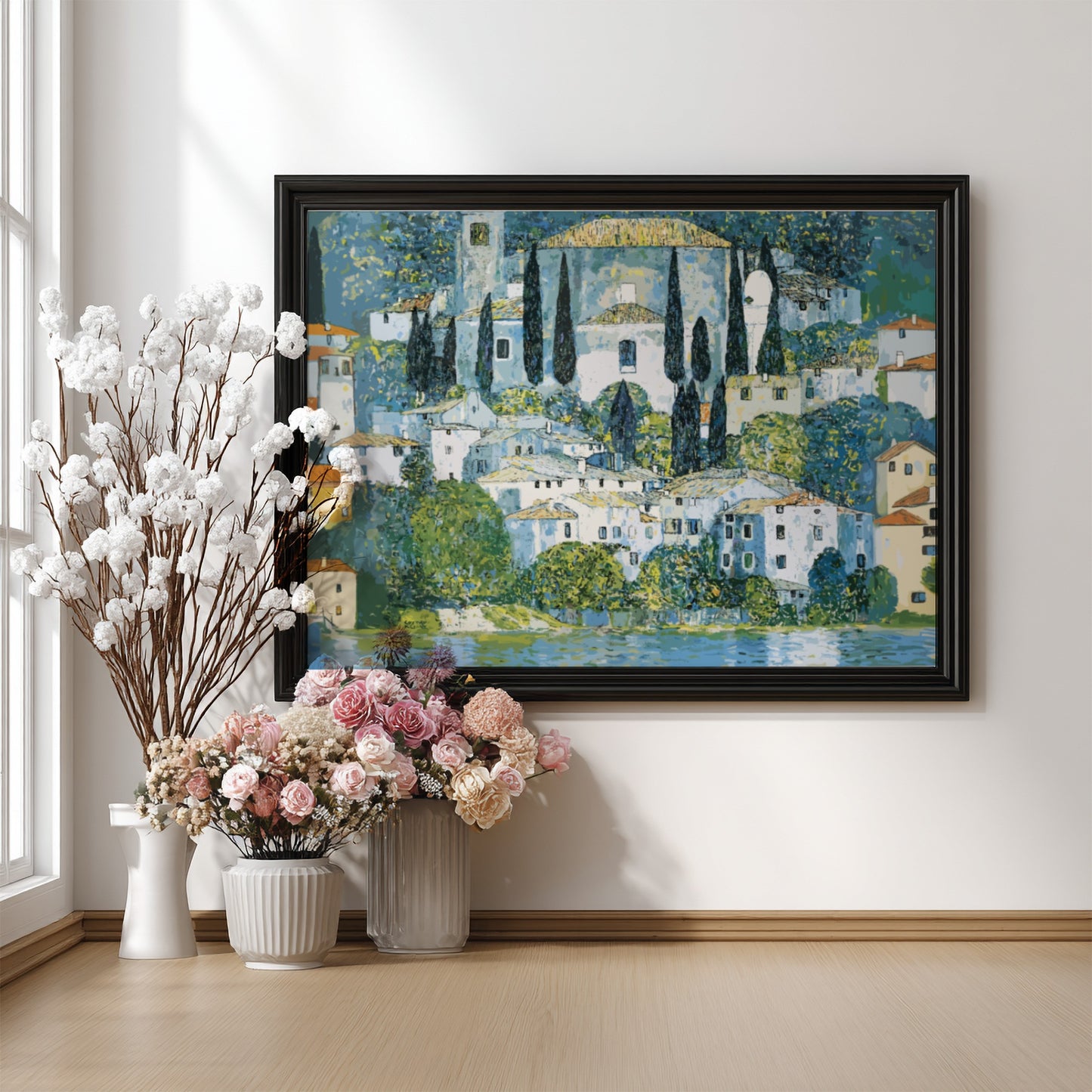 Gustav Klimt's Kirche in Cassone poster featuring vibrant colors and serene landscape elements, ideal for