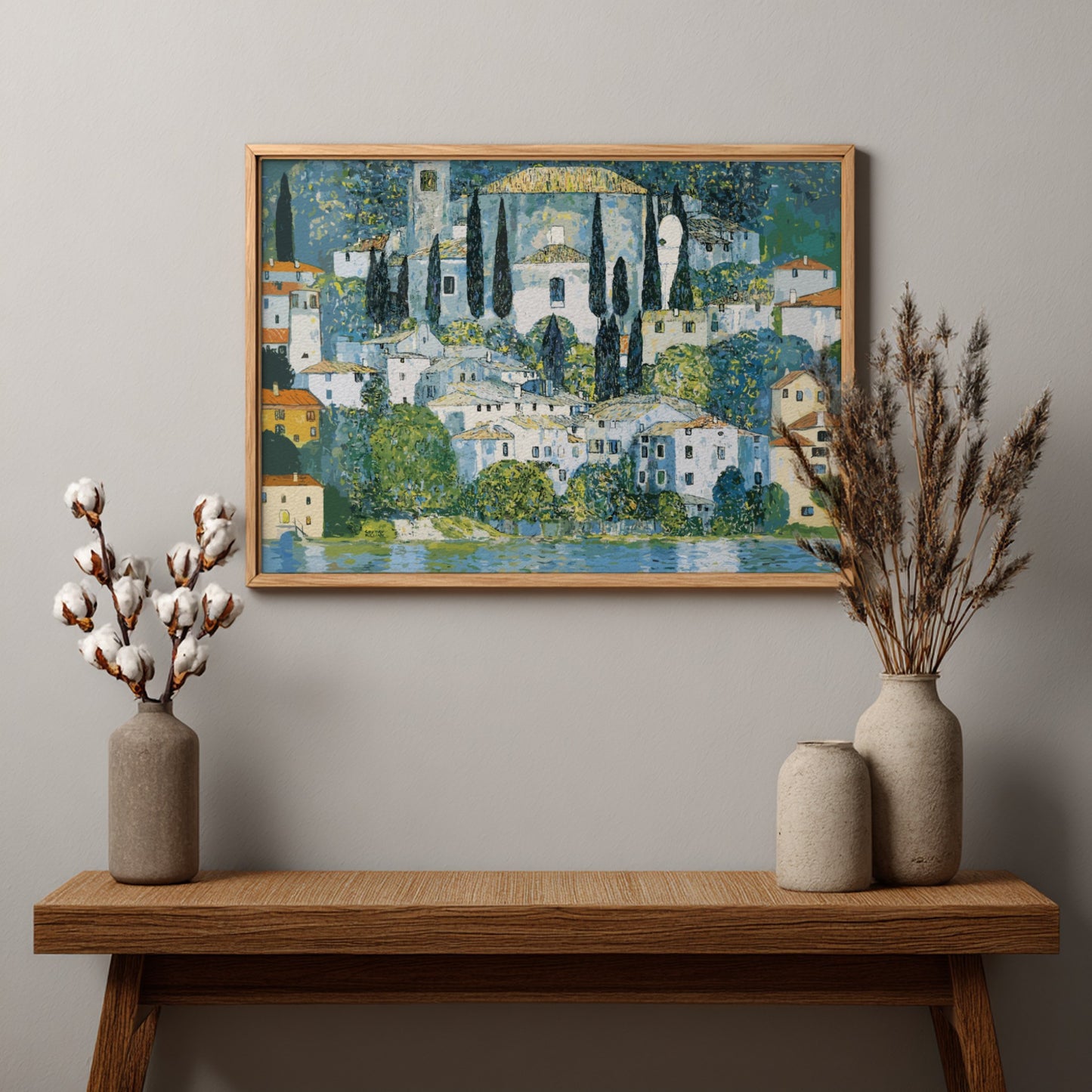Gustav Klimt's Kirche in Cassone poster featuring vibrant colors and serene landscape elements, ideal for