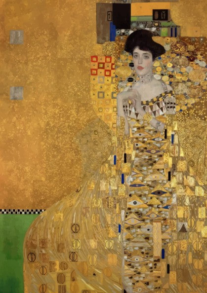 Gustav Klimt's Adele Bloch-Bauer I poster, featuring a woman in a gold, patterned dress against a shimmering