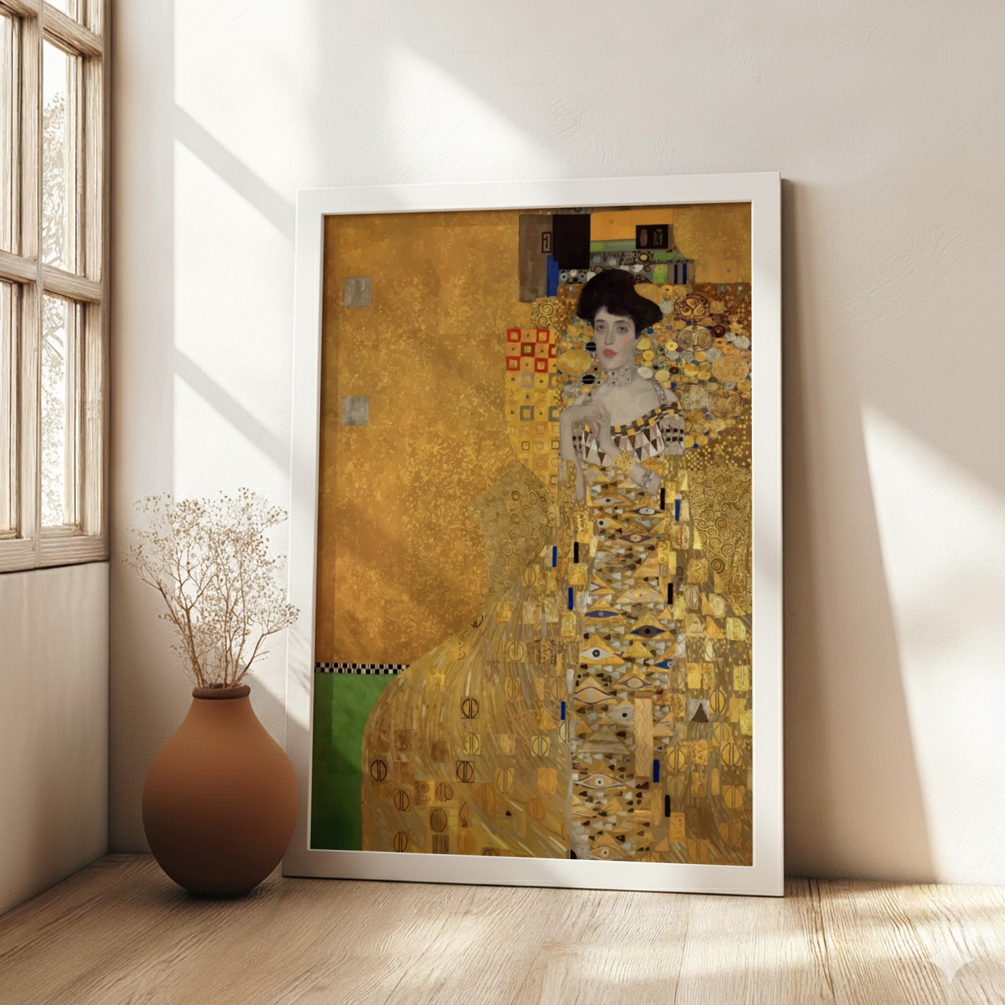 Gustav Klimt's Adele Bloch-Bauer I poster, featuring a woman in a gold, patterned dress against a shimmering