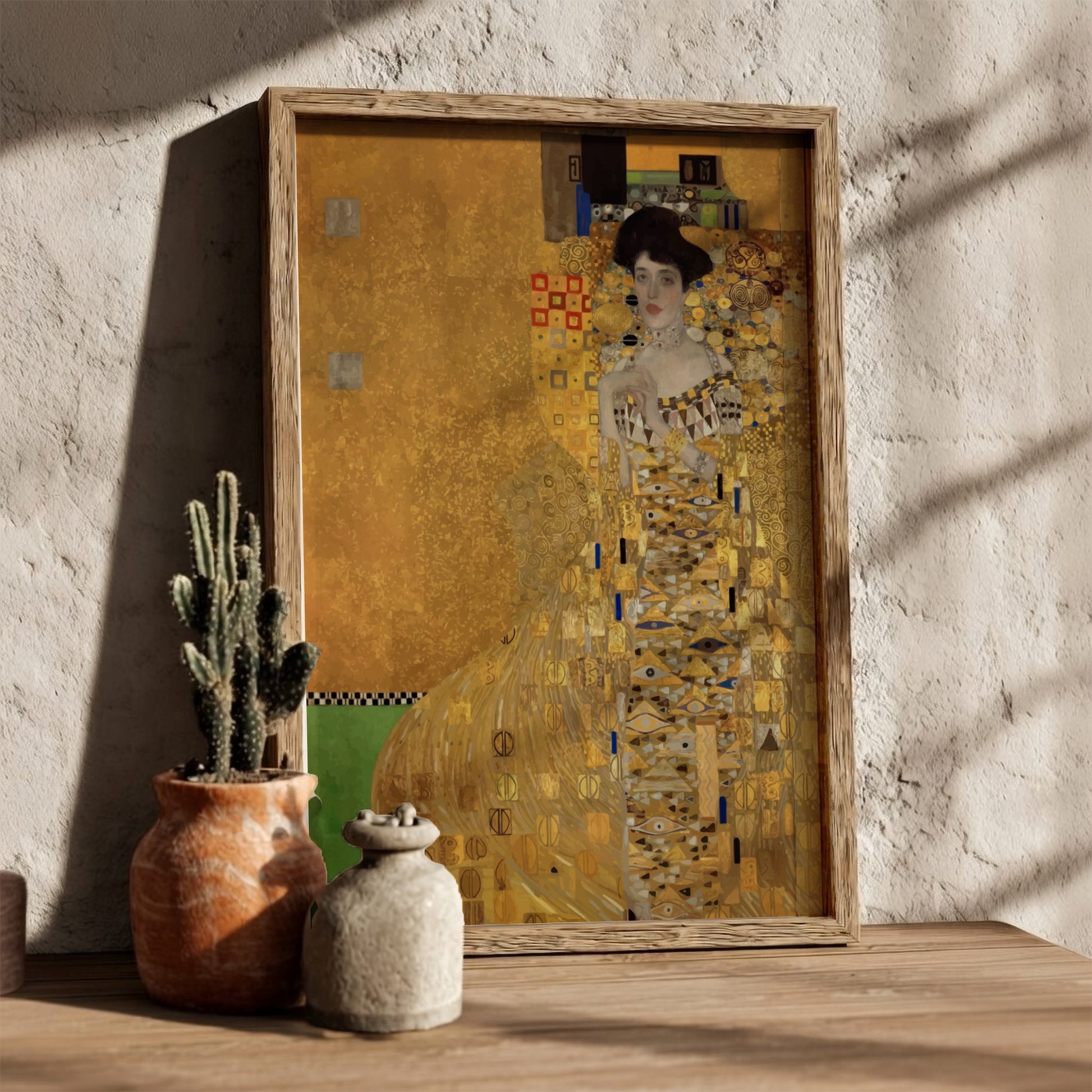 Gustav Klimt's Adele Bloch-Bauer I poster, featuring a woman in a gold, patterned dress against a shimmering