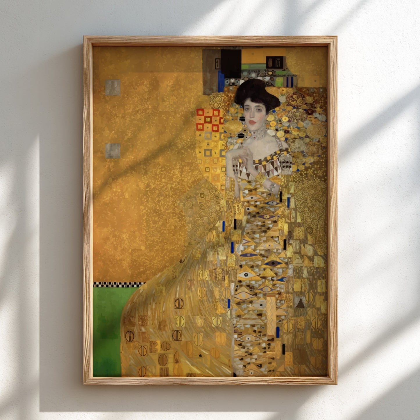 Gustav Klimt's Adele Bloch-Bauer I poster, featuring a woman in a gold, patterned dress against a shimmering