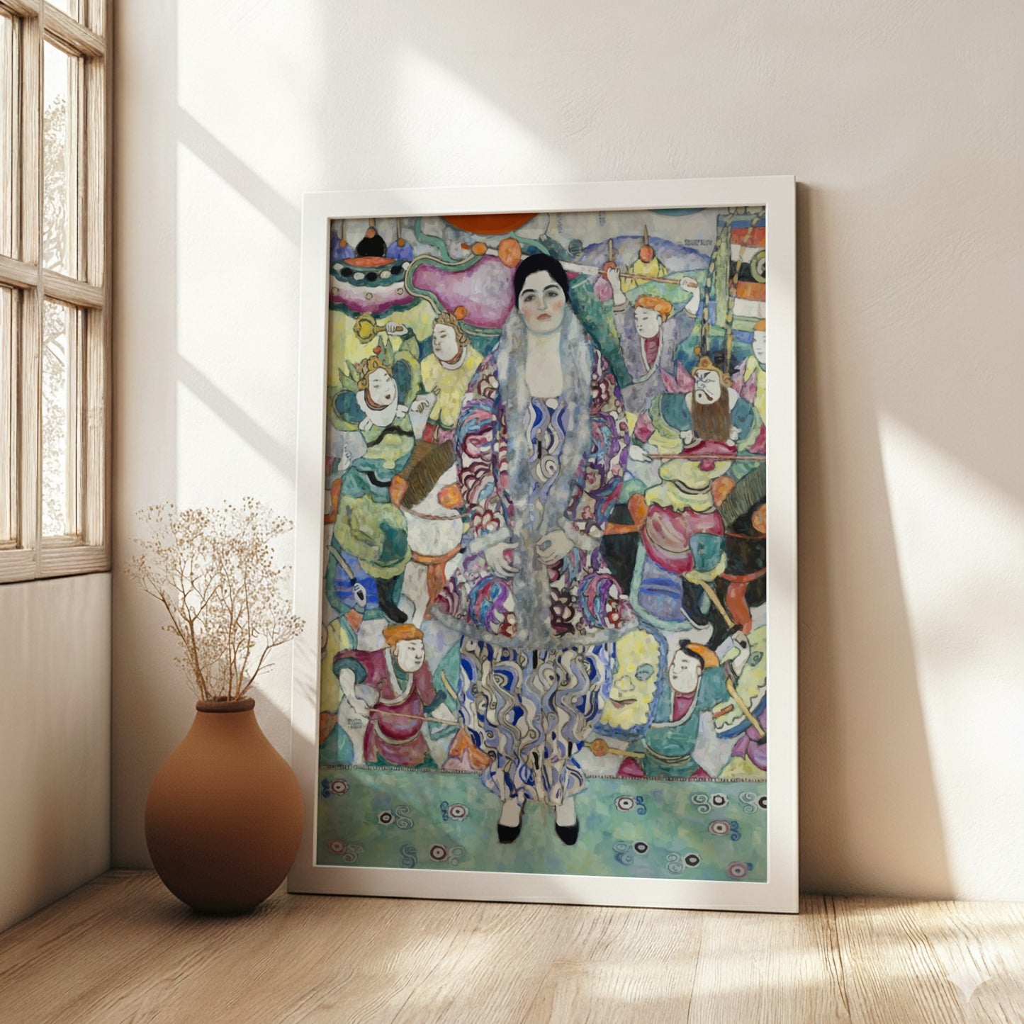 Gustav Klimt's Portrait of Friederike Maria Beer art poster featuring a woman in a decorative robe surrounded