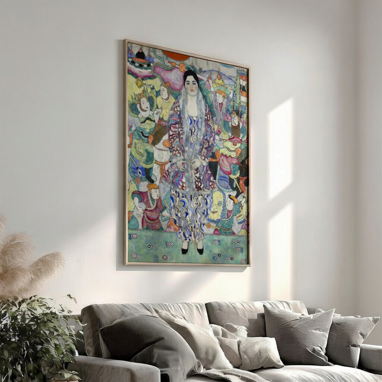 Gustav Klimt's Portrait of Friederike Maria Beer art poster featuring a woman in a decorative robe surrounded