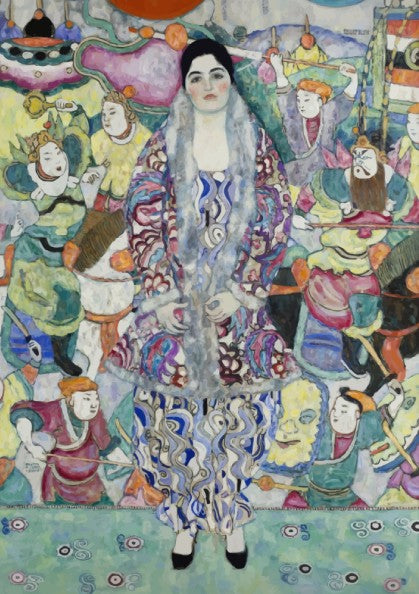 Gustav Klimt's Portrait of Friederike Maria Beer art poster featuring a woman in a decorative robe surrounded
