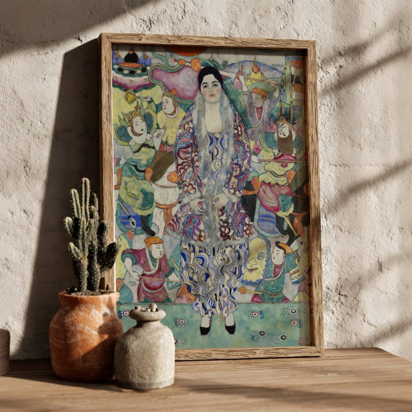 Gustav Klimt's Portrait of Friederike Maria Beer art poster featuring a woman in a decorative robe surrounded