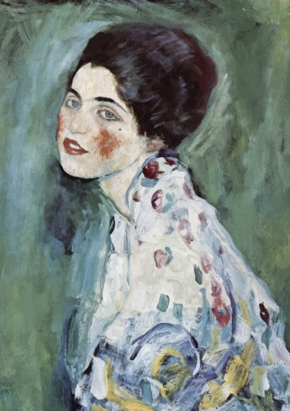 Gustav Klimt "Portrait of a Lady" poster featuring a woman with blue eyes and red cheeks, in a floral