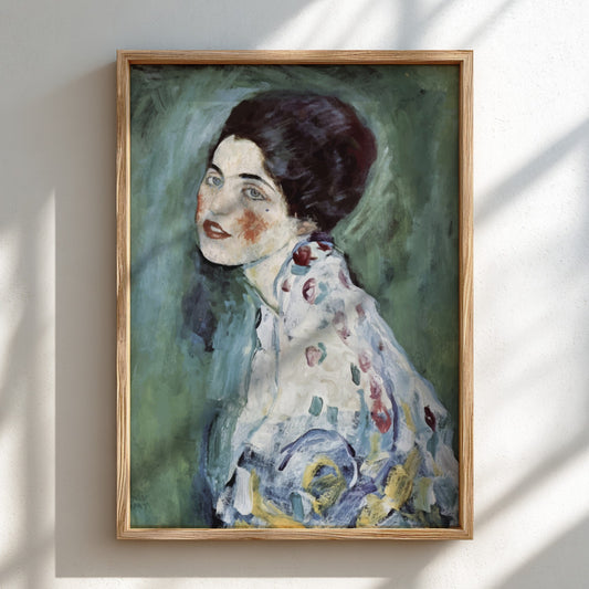 Gustav Klimt "Portrait of a Lady" poster featuring a woman with blue eyes and red cheeks, in a floral