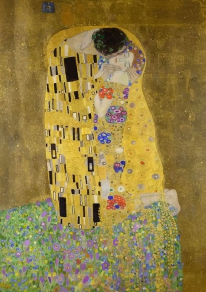 Gustav Klimt's The Kiss art poster, featuring a couple in a golden robe amidst floral patterns.