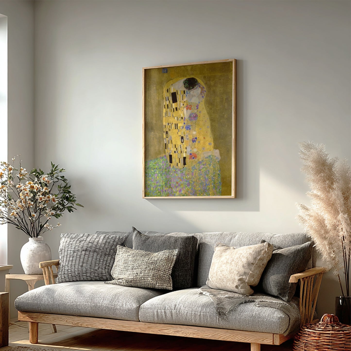 Gustav Klimt's The Kiss art poster, featuring a couple in a golden robe amidst floral patterns.