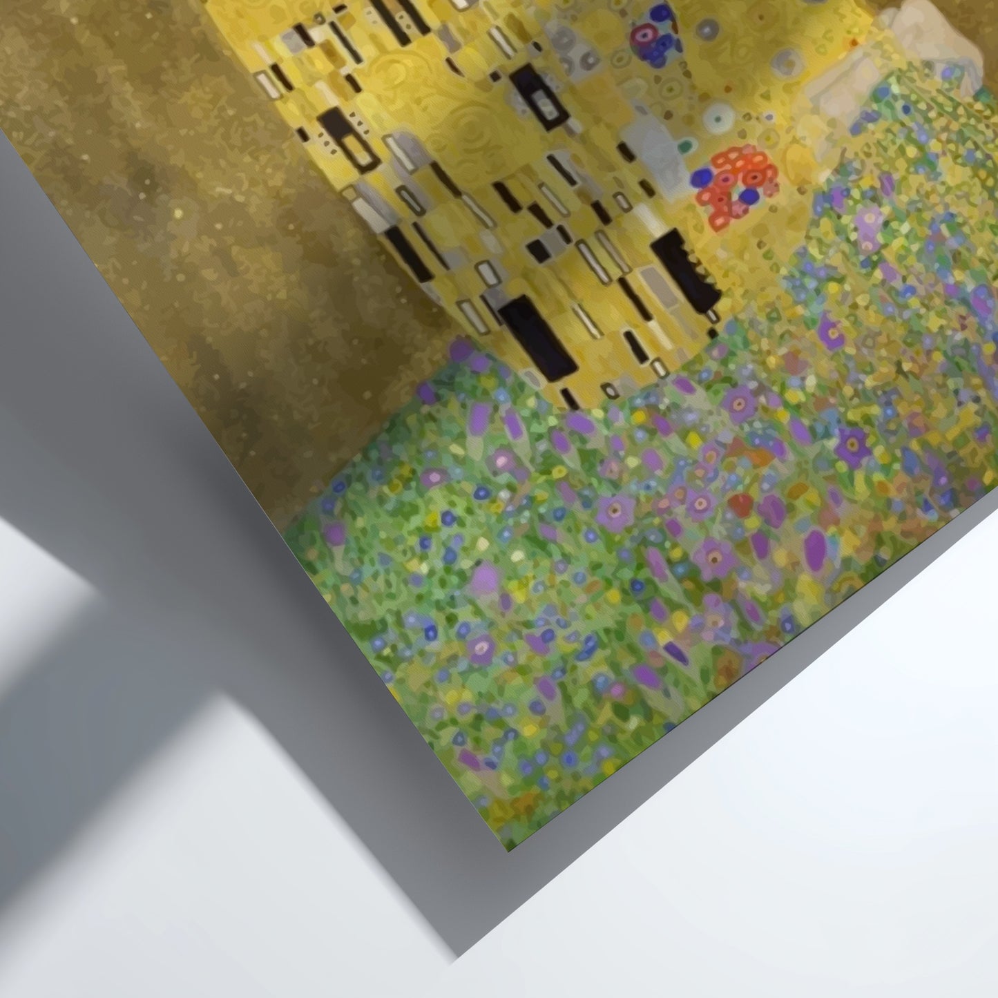Gustav Klimt's The Kiss art poster, featuring a couple in a golden robe amidst floral patterns.