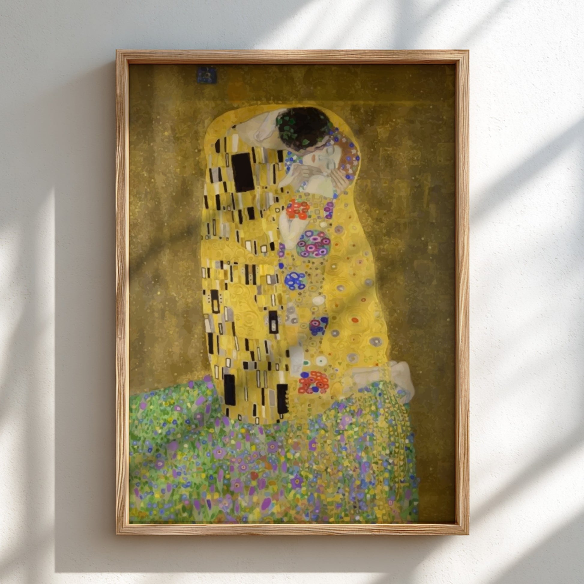 Gustav Klimt's The Kiss art poster, featuring a couple in a golden robe amidst floral patterns.