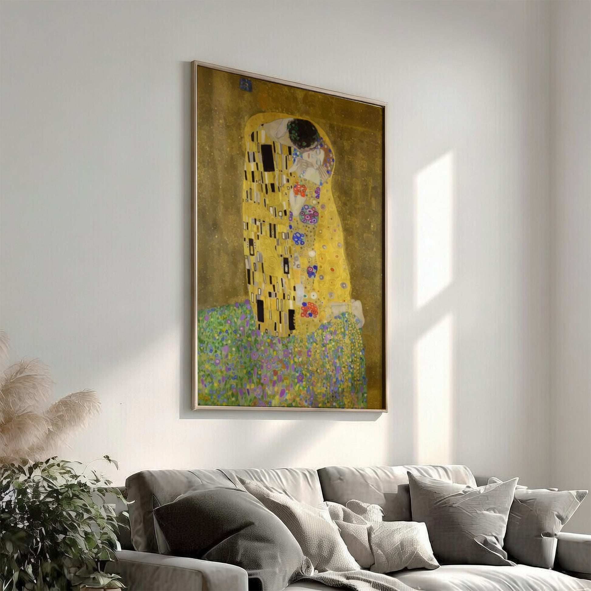 Gustav Klimt's The Kiss art poster, featuring a couple in a golden robe amidst floral patterns.