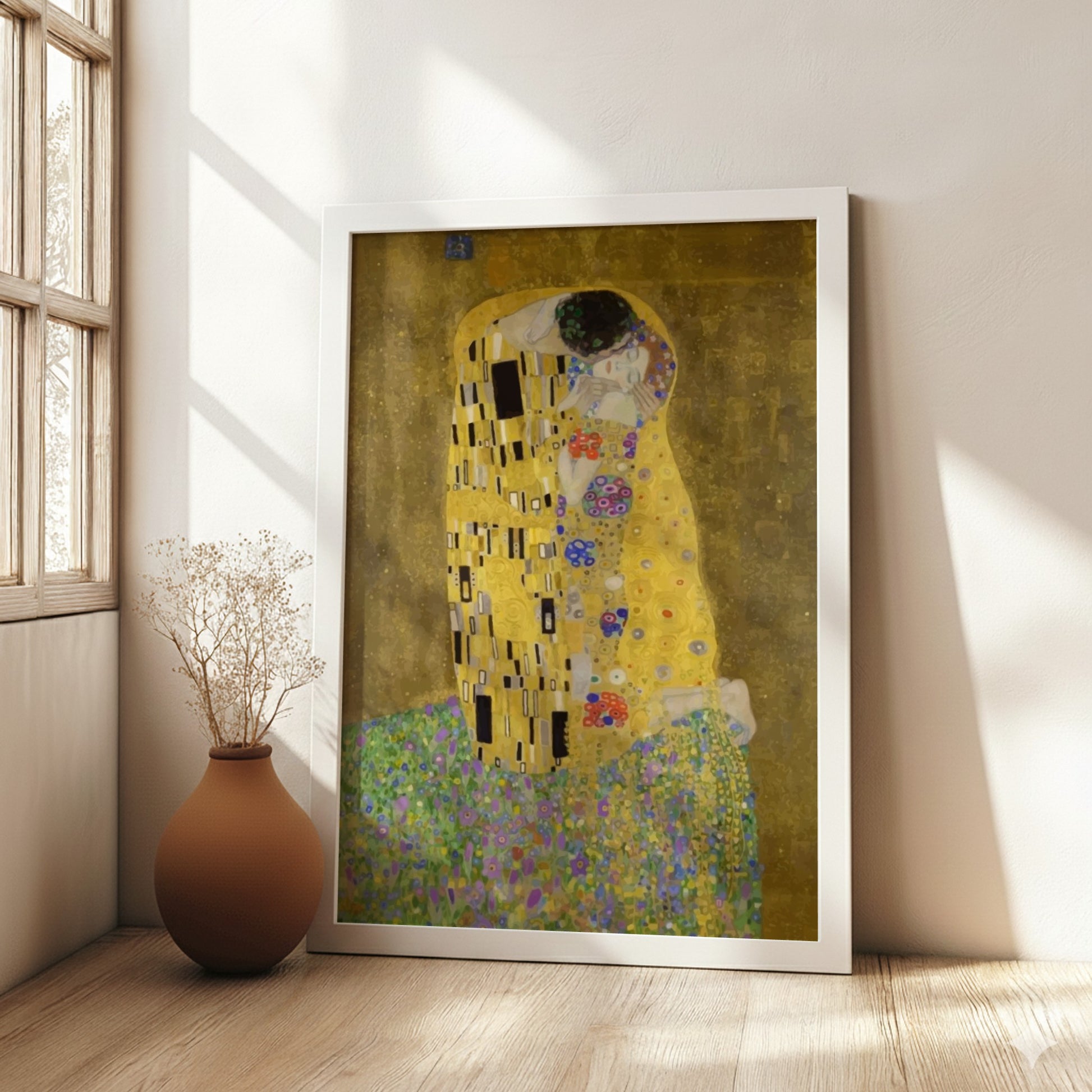 Gustav Klimt's The Kiss art poster, featuring a couple in a golden robe amidst floral patterns.