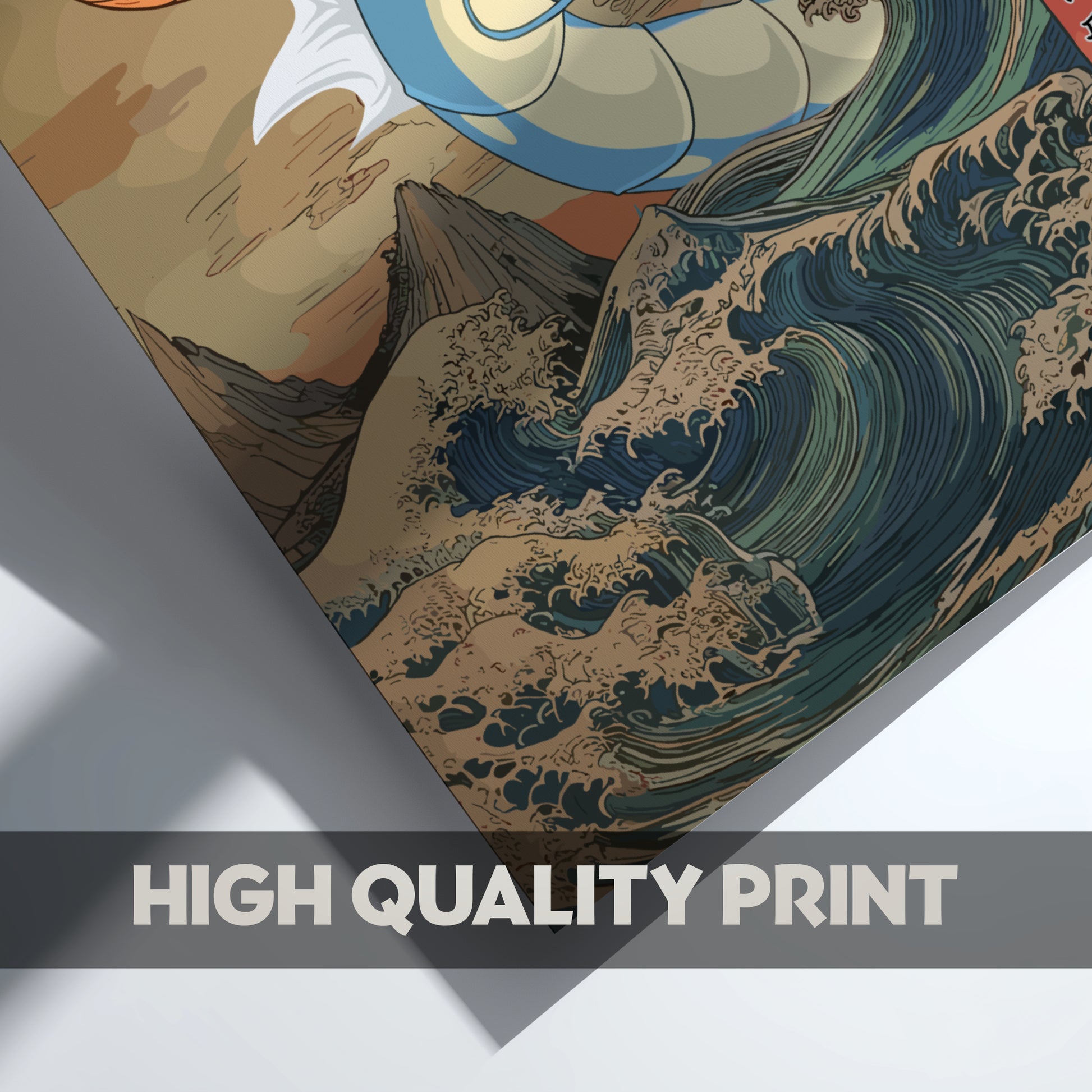 Artistic depiction of Gyarados Pokemon on a wave with a high quality print label on a gray background