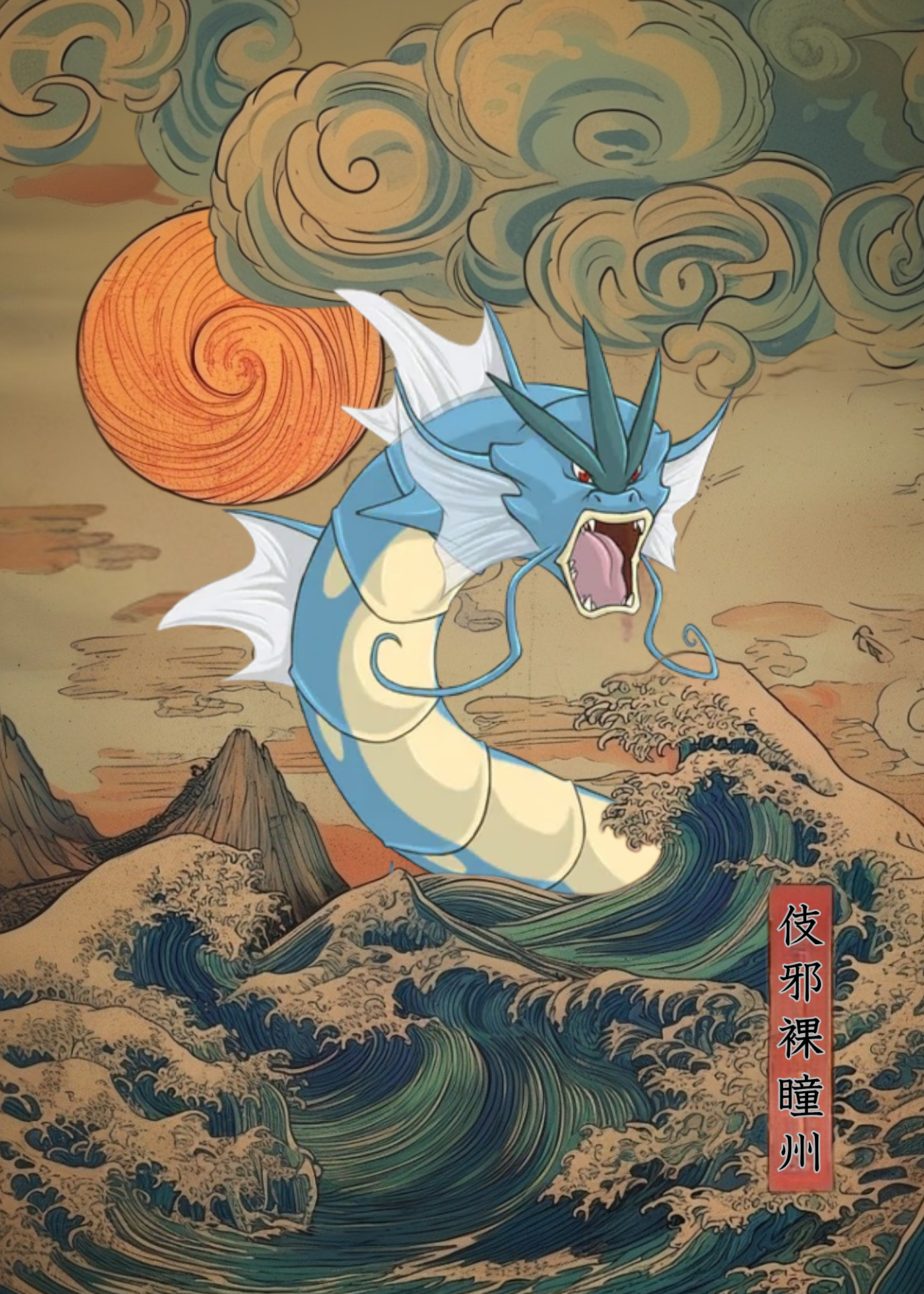 Gyarados Pokemon emerging from waves with a stylized sun and clouds in the background