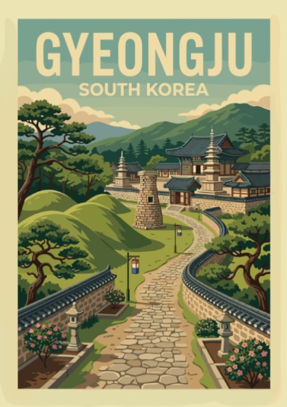 Gyeongju South Korea travel poster with vintage illustration of ancient Korean temples and hills.