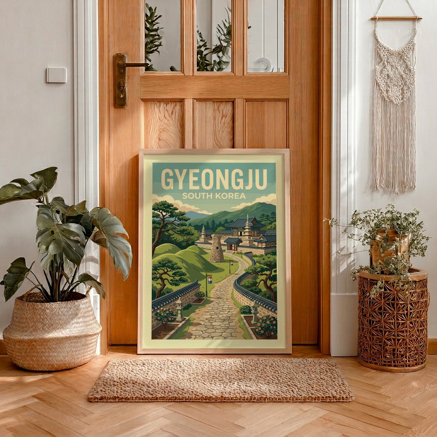 Gyeongju South Korea travel poster with vintage illustration of ancient Korean temples and hills.