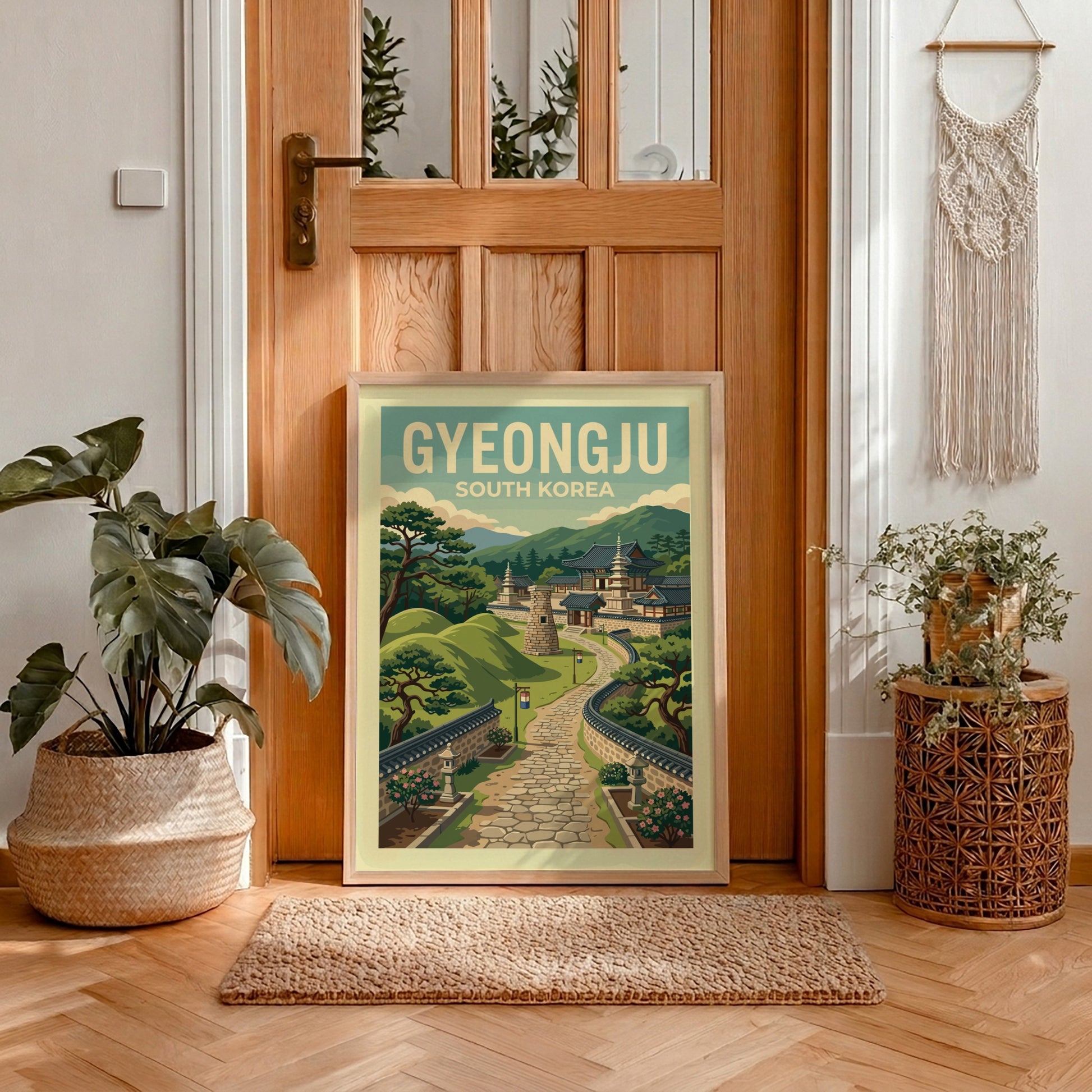 Gyeongju South Korea travel poster with vintage illustration of ancient Korean temples and hills.
