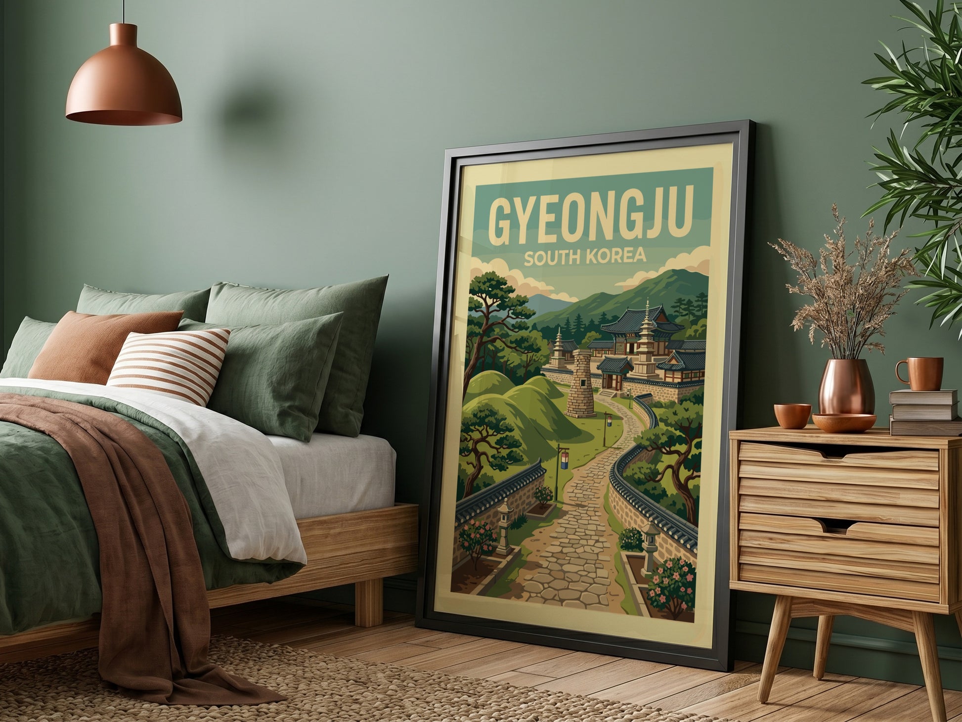 Gyeongju South Korea travel poster with vintage illustration of ancient Korean temples and hills.