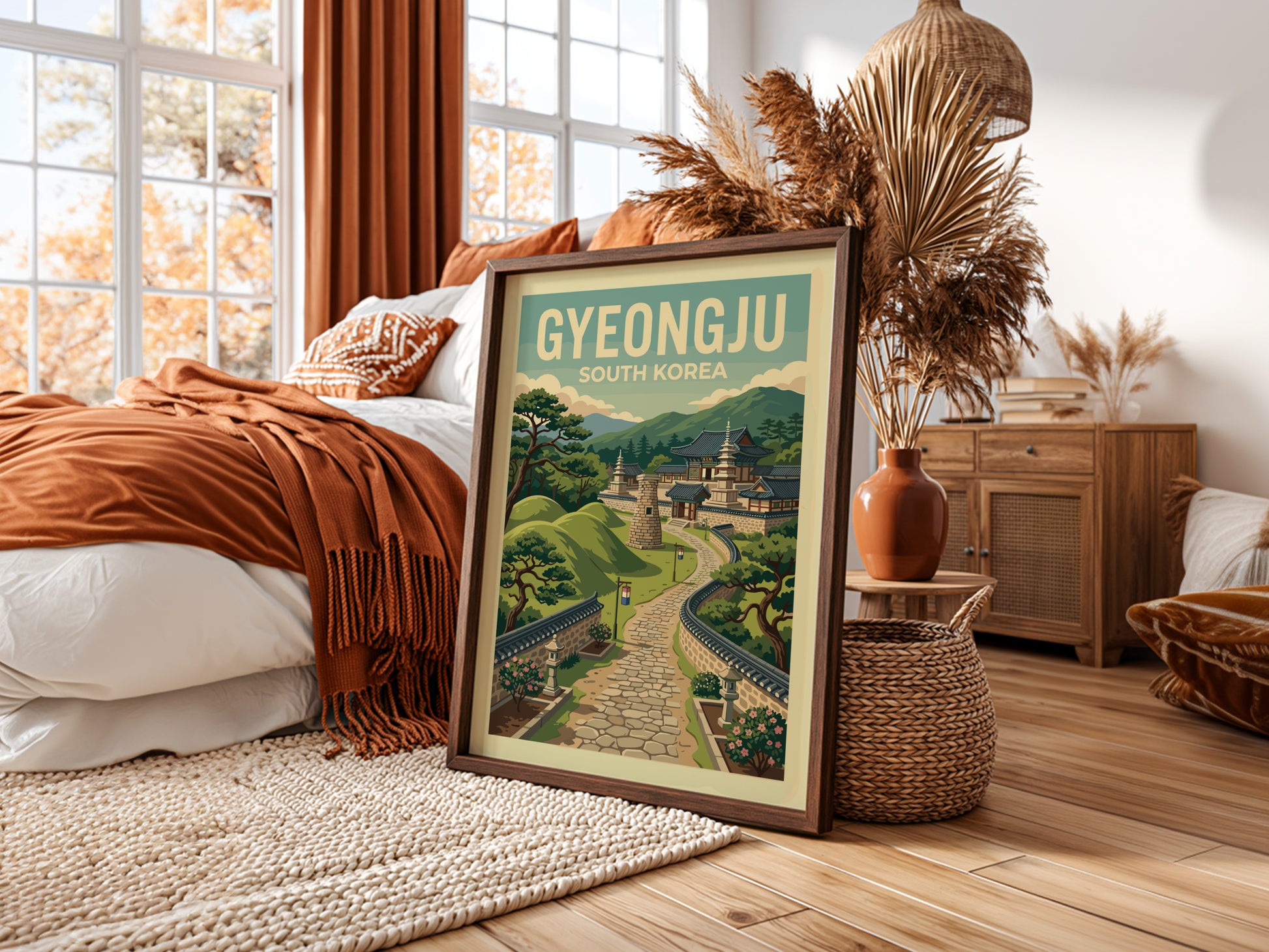 Gyeongju South Korea travel poster with vintage illustration of ancient Korean temples and hills.