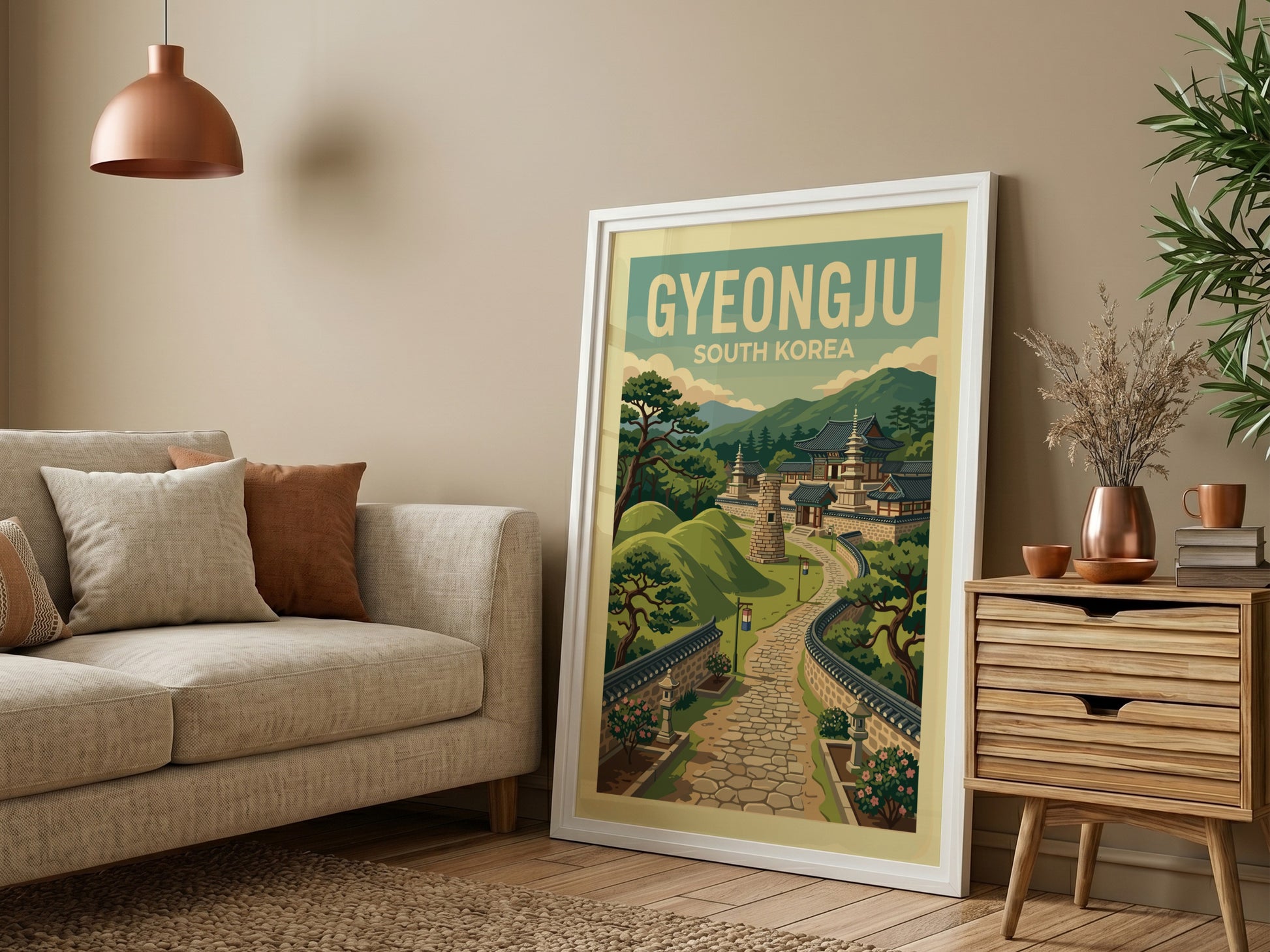 Gyeongju South Korea travel poster with vintage illustration of ancient Korean temples and hills.