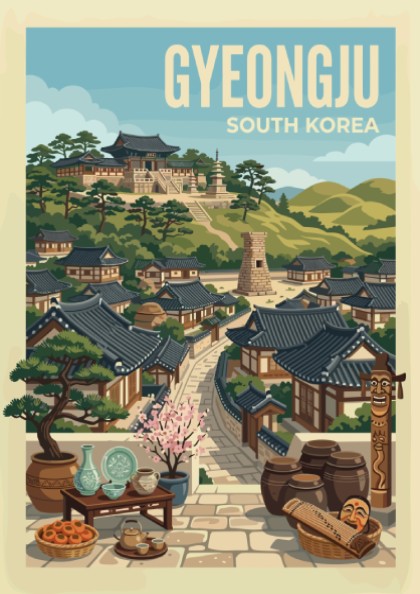 Gyeongju South Korea travel poster with traditional houses and green hills, illustrative style.