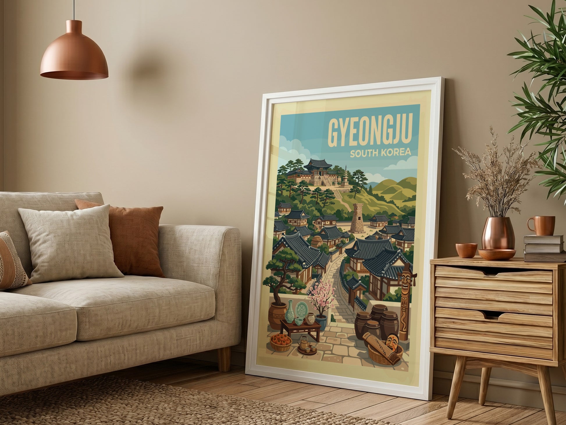 Gyeongju South Korea travel poster with traditional houses and green hills, illustrative style.
