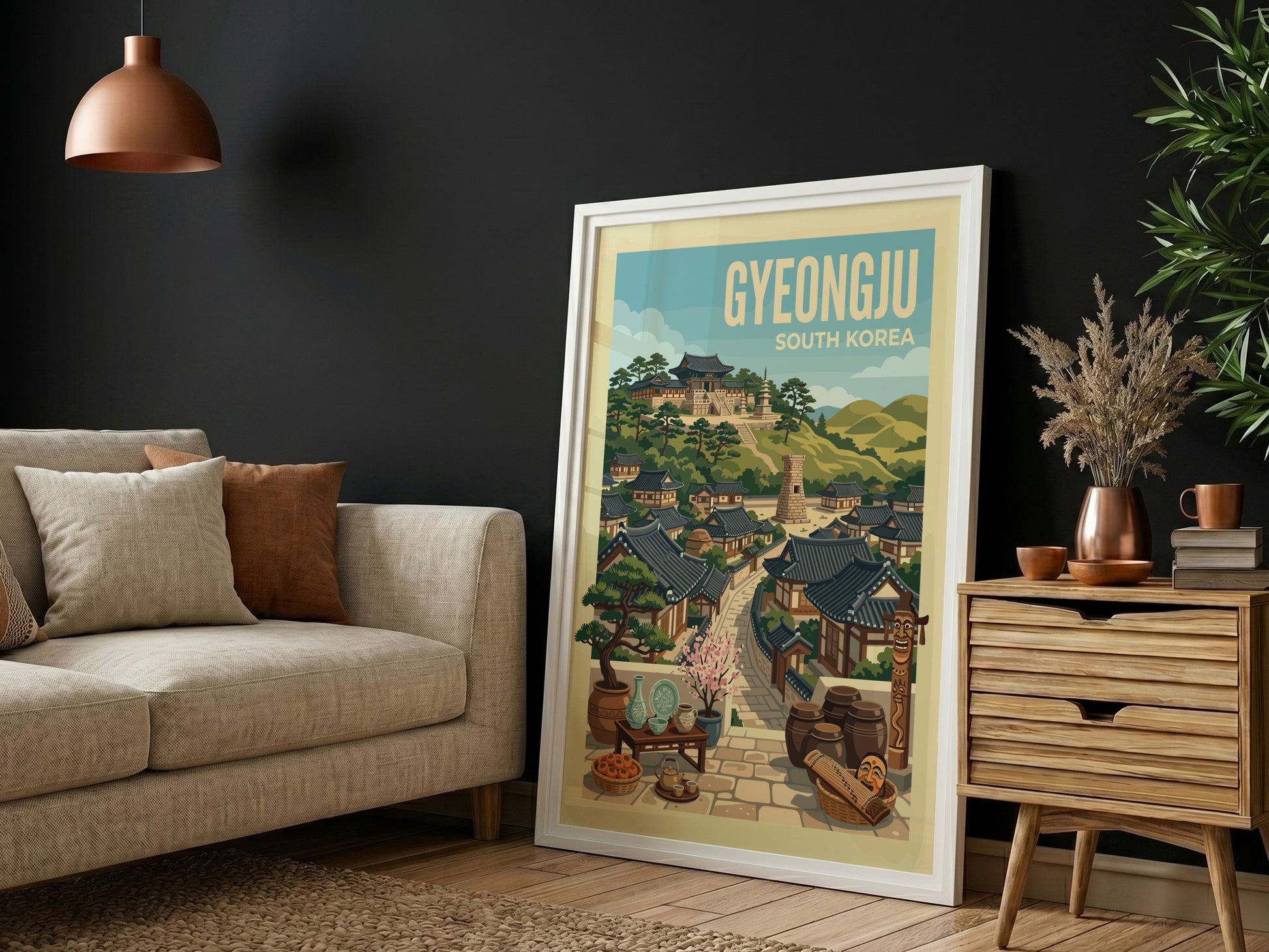 Gyeongju South Korea travel poster with traditional houses and green hills, illustrative style.