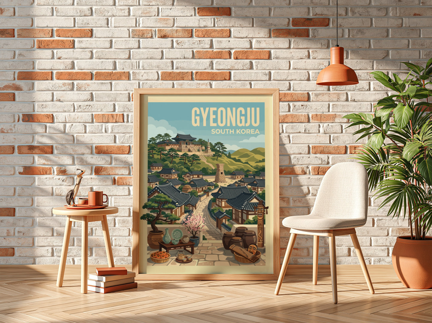 Gyeongju South Korea travel poster with traditional houses and green hills, illustrative style.