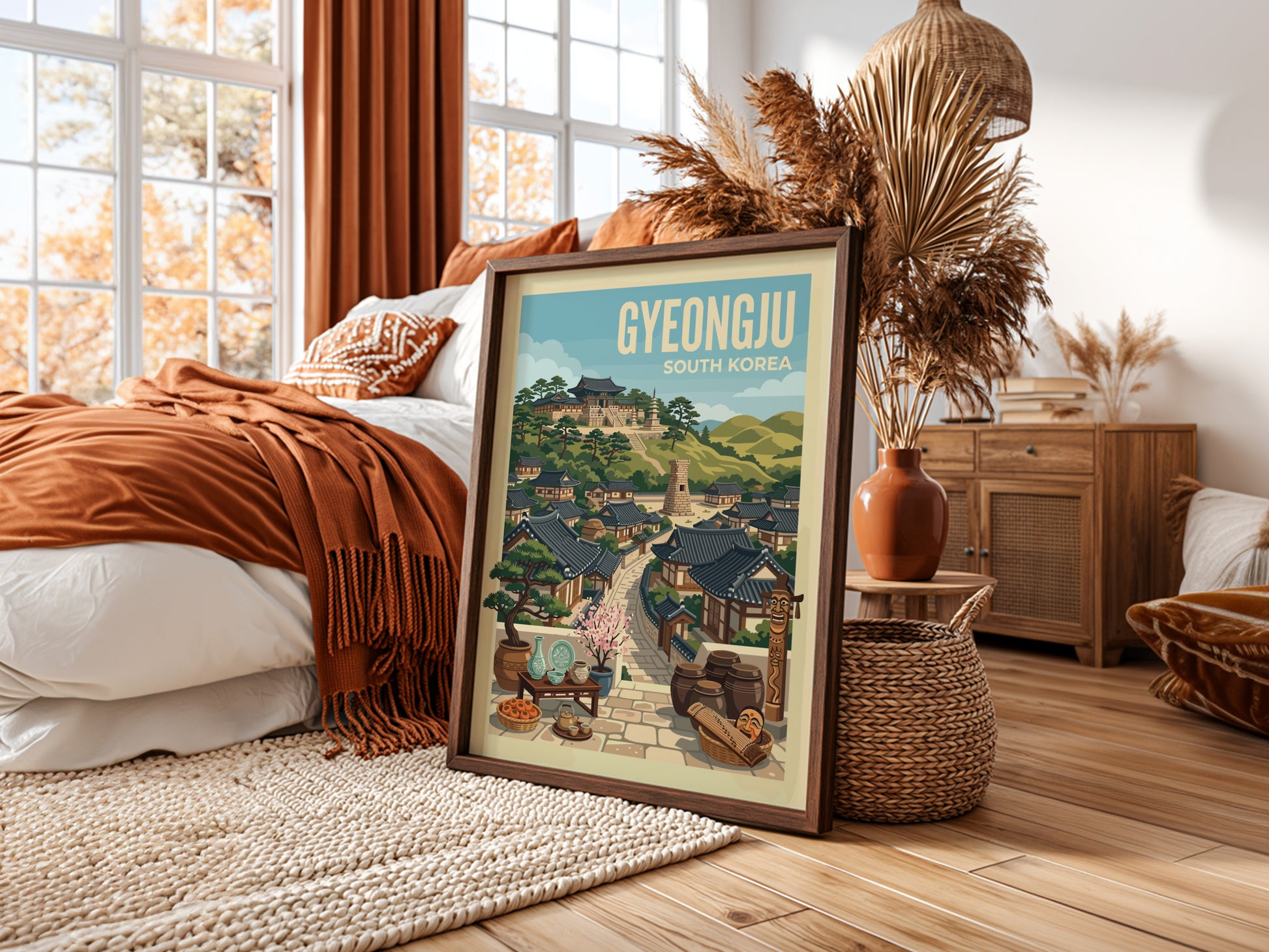 Gyeongju South Korea travel poster with traditional houses and green hills, illustrative style.