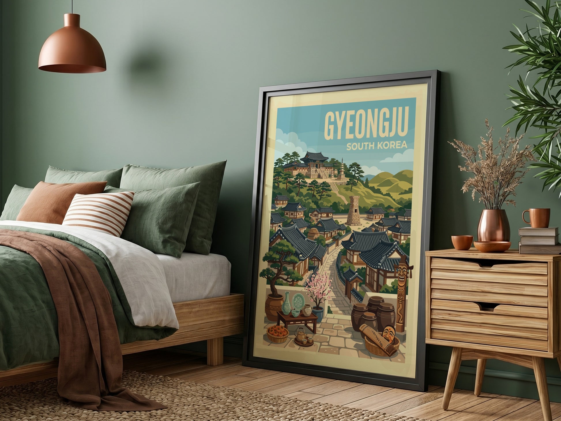 Gyeongju South Korea travel poster with traditional houses and green hills, illustrative style.